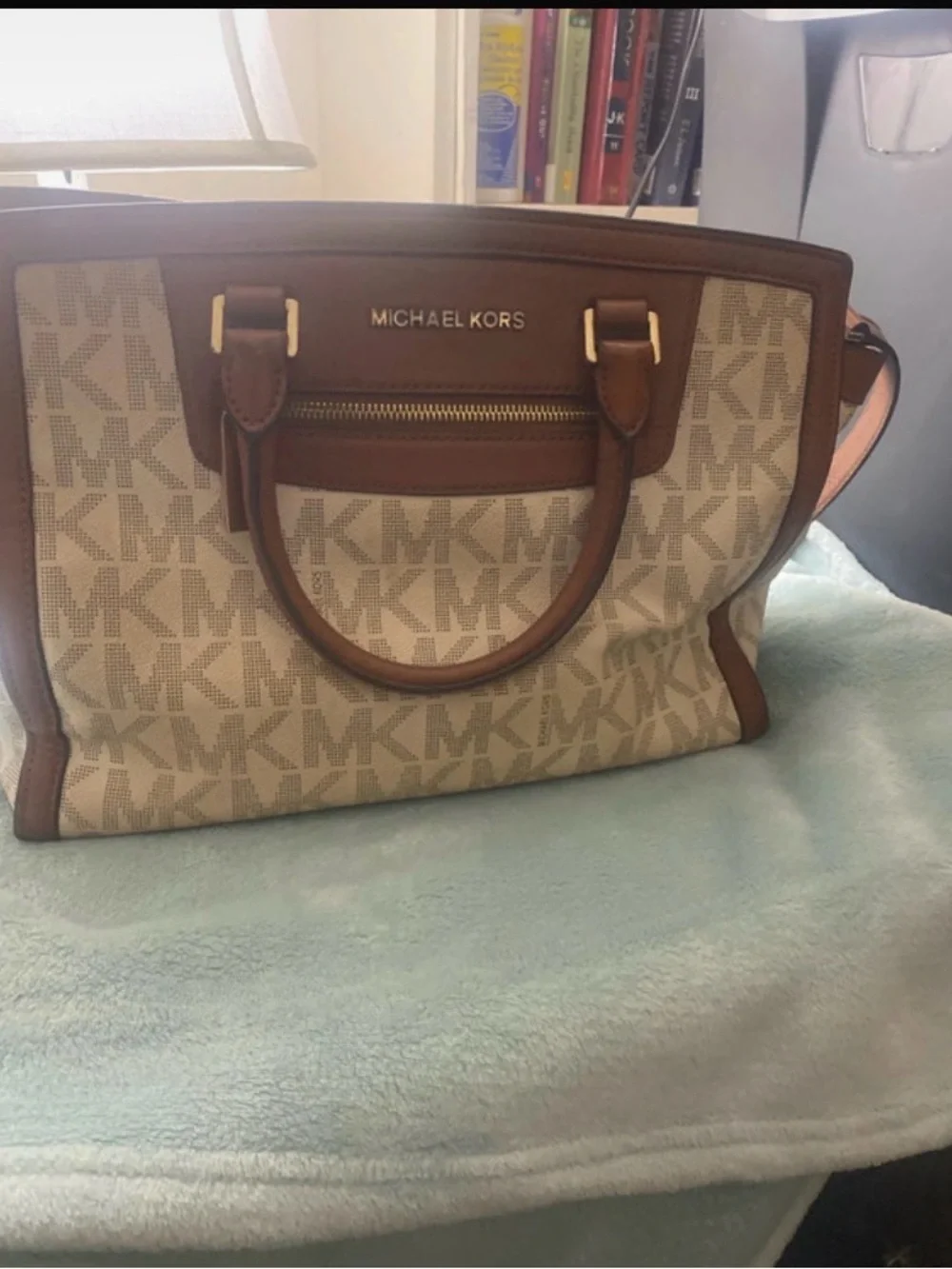 Michael Kors Beige Canvas and Brown Leather Satchel
